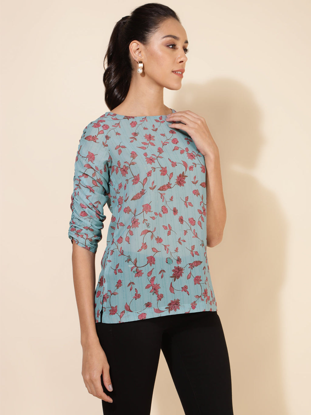 Janasya Women's Mint Green Georgette Floral Printed Casual Top