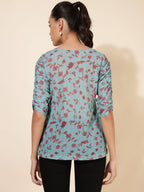 Janasya Women's Mint Green Georgette Floral Printed Casual Top