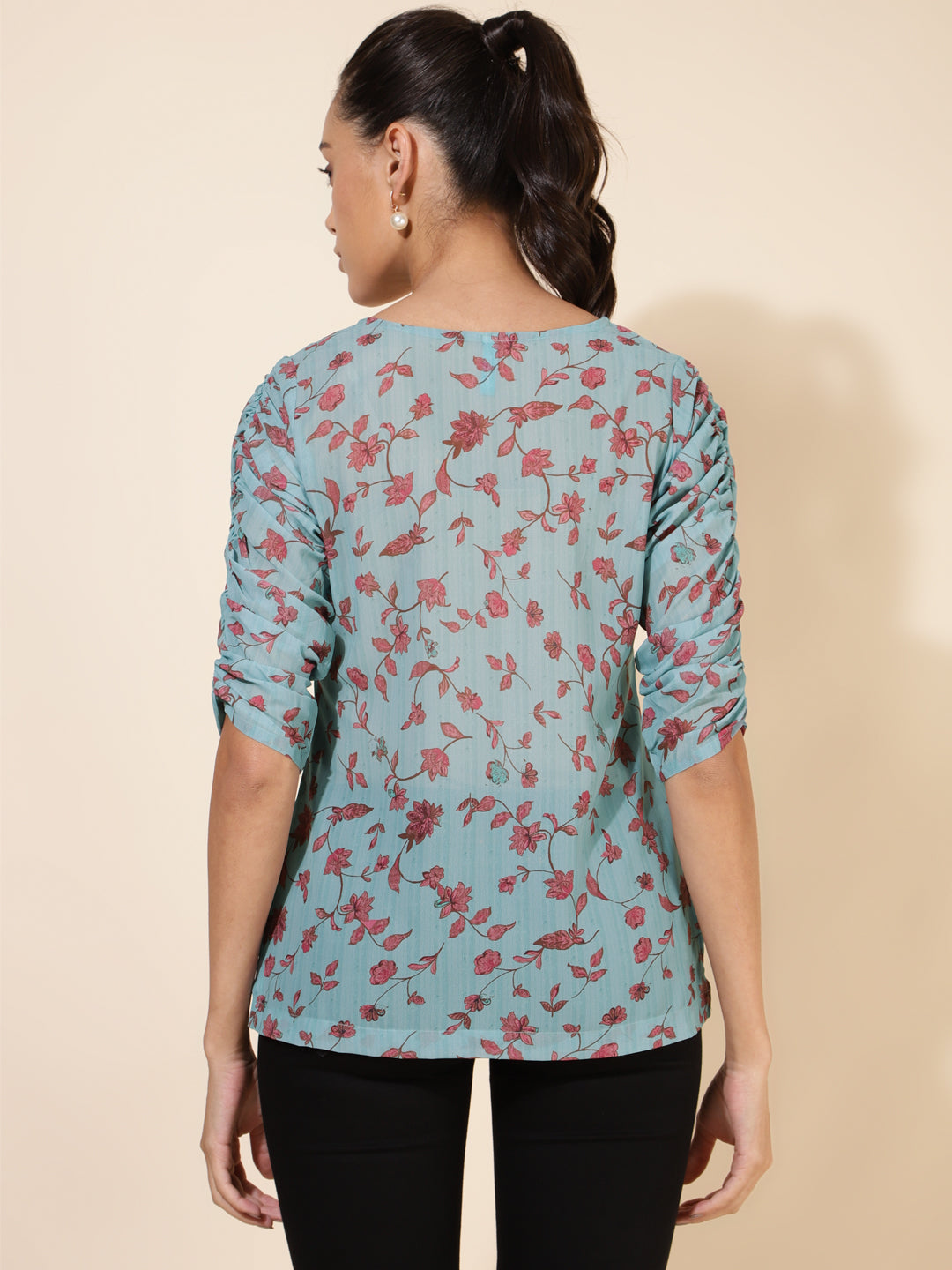 Janasya Women's Mint Green Georgette Floral Printed Casual Top