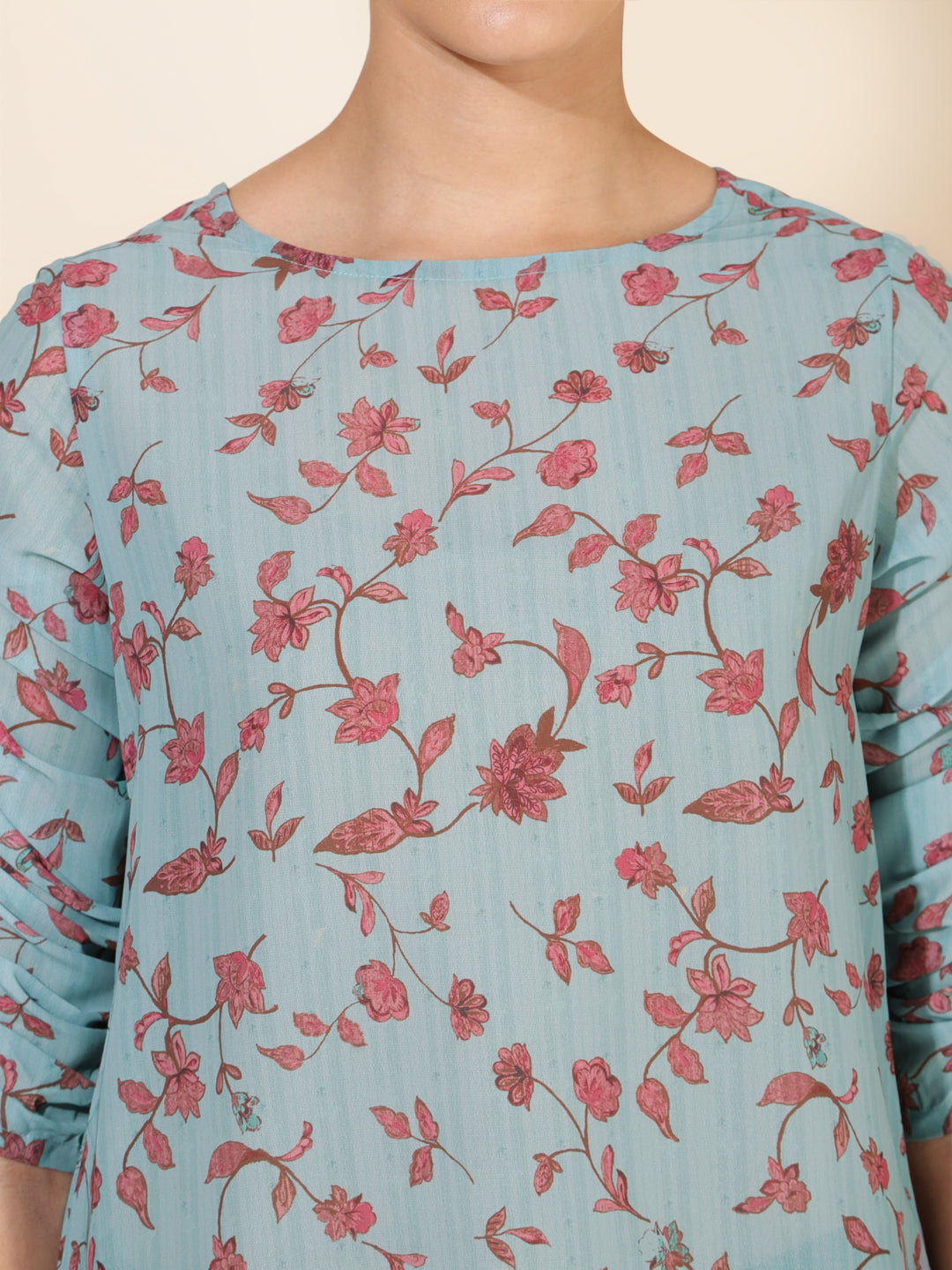 Janasya Women's Mint Green Georgette Floral Printed Casual Top