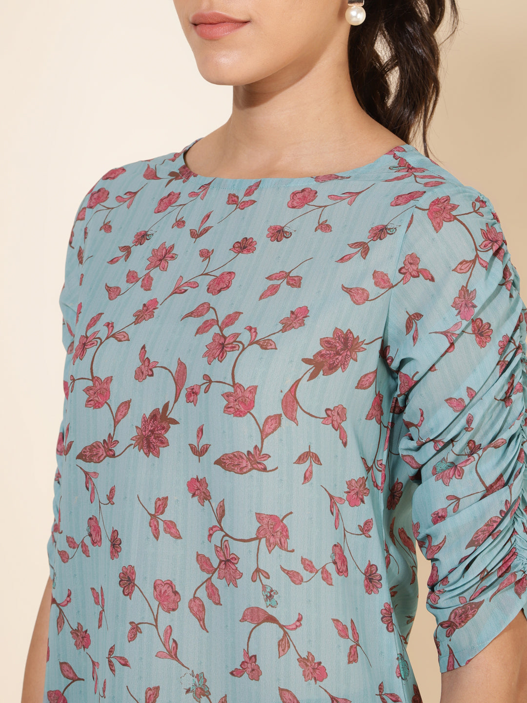 Janasya Women's Mint Green Georgette Floral Printed Casual Top