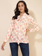 Janasya Women's Peach Georgette Floral Print Casual Top
