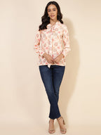 Janasya Women's Peach Georgette Floral Print Casual Top
