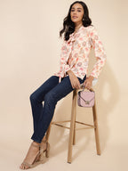 Janasya Women's Peach Georgette Floral Print Casual Top
