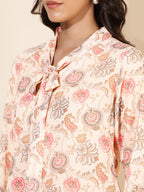 Janasya Women's Peach Georgette Floral Print Casual Top