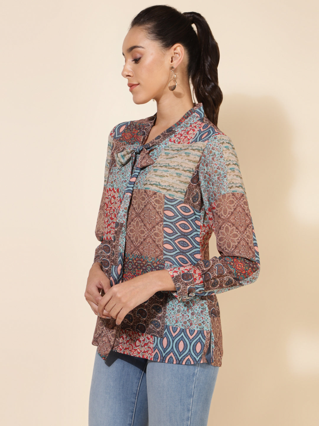 Janasya Women's Multicolor Georgette Ethnic Motifs Casual Top