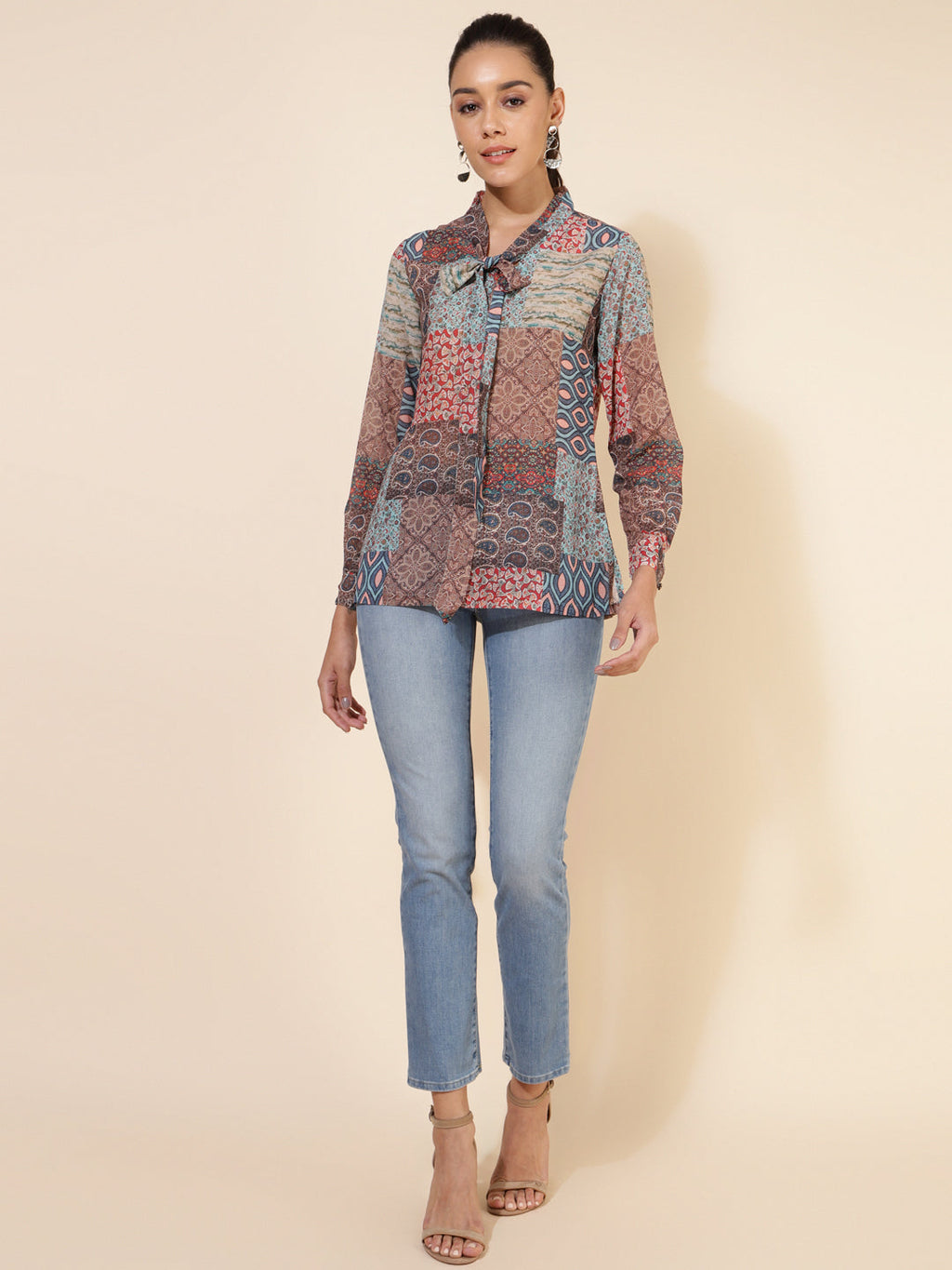 Janasya Women's Multicolor Georgette Ethnic Motifs Casual Top