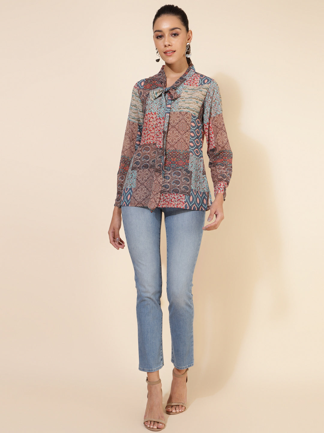 Janasya Women's Multicolor Georgette Ethnic Motifs Casual Top