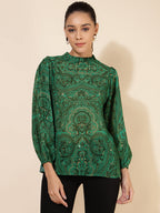 Janasya Women's Green Georgette Digital Printed Casual Top