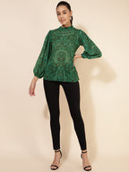 Janasya Women's Green Georgette Digital Printed Casual Top