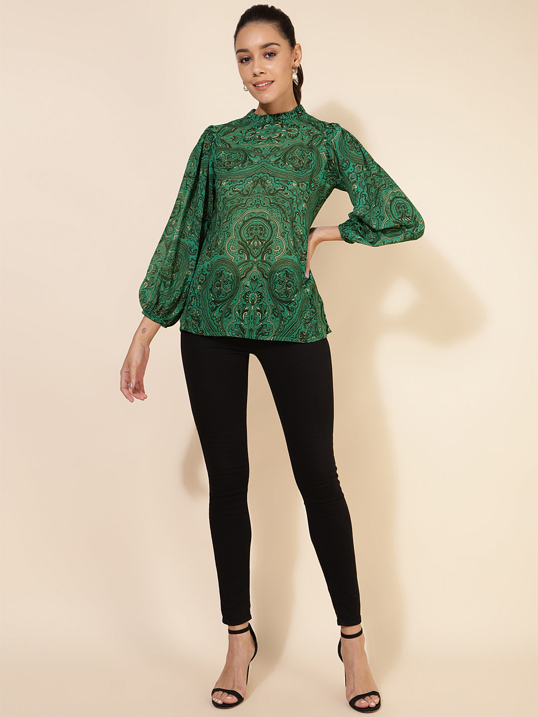 Janasya Women's Green Georgette Digital Printed Casual Top