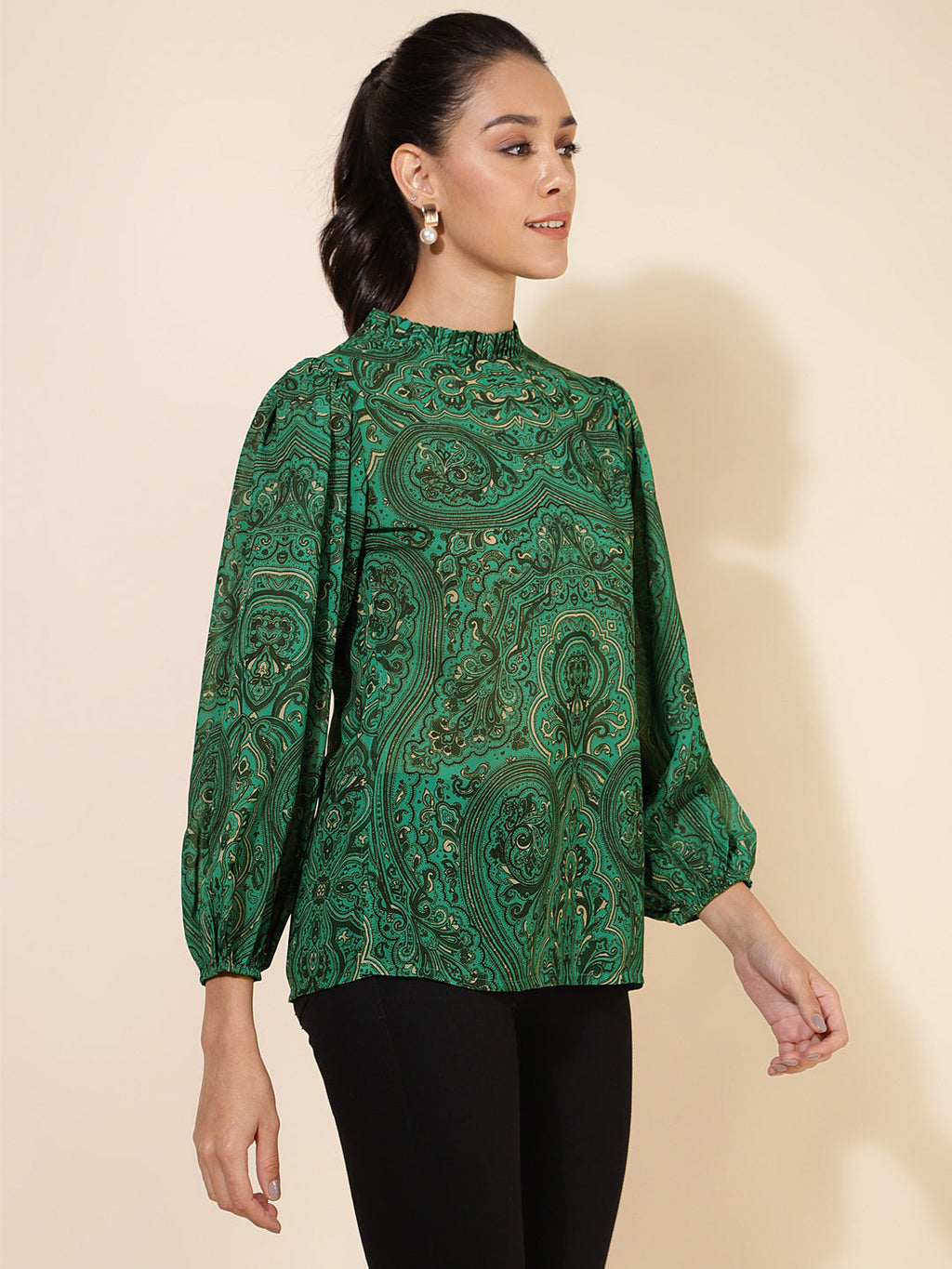 Janasya Women's Green Georgette Digital Printed Casual Top