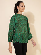 Janasya Women's Green Georgette Digital Printed Casual Top