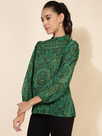 Janasya Women's Green Georgette Digital Printed Casual Top