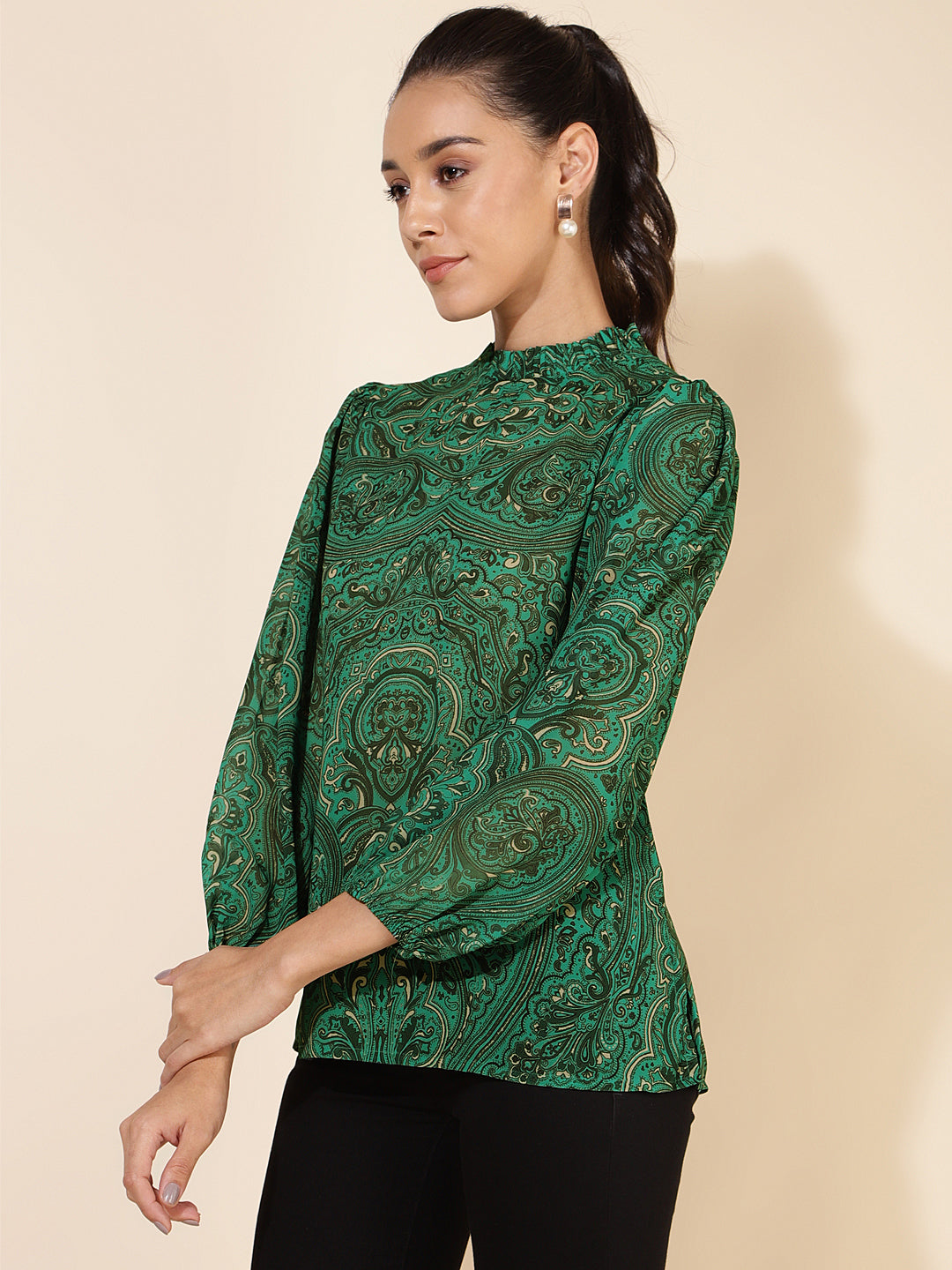 Janasya Women's Green Georgette Digital Printed Casual Top