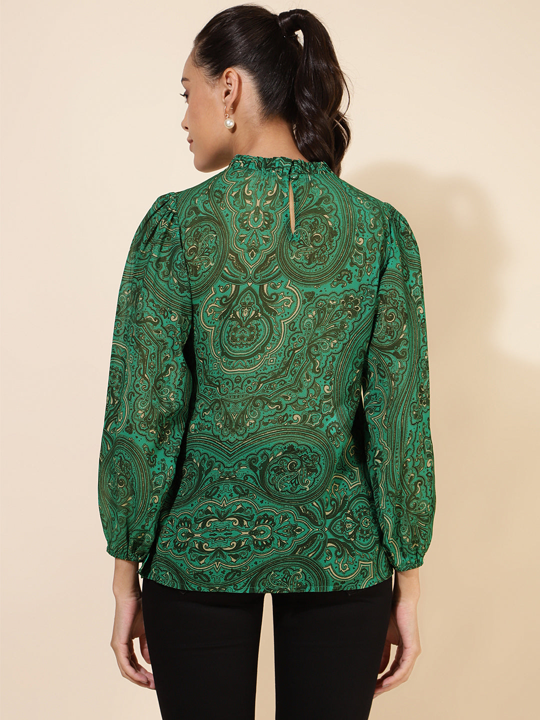 Janasya Women's Green Georgette Digital Printed Casual Top