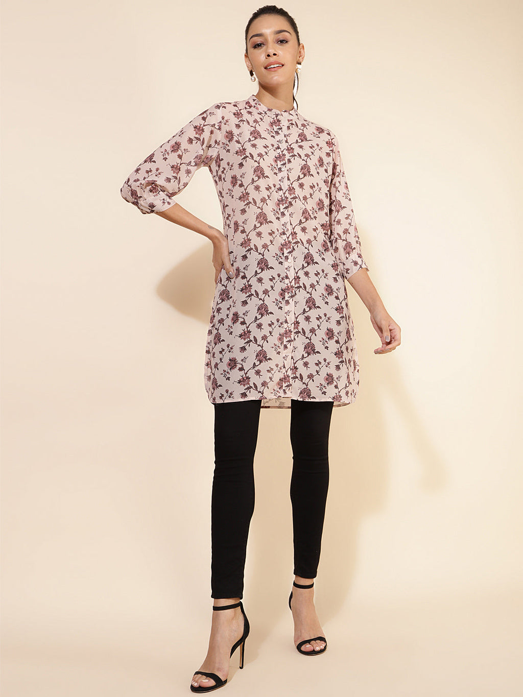 Janasya Women's Beige Georgette Floral Printed Casual Tunic