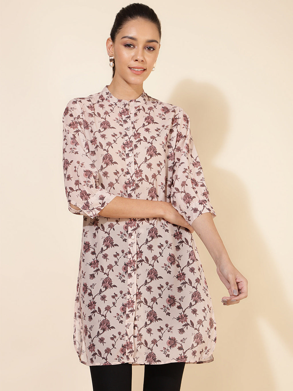 Janasya Women's Beige Georgette Floral Printed Casual Tunic