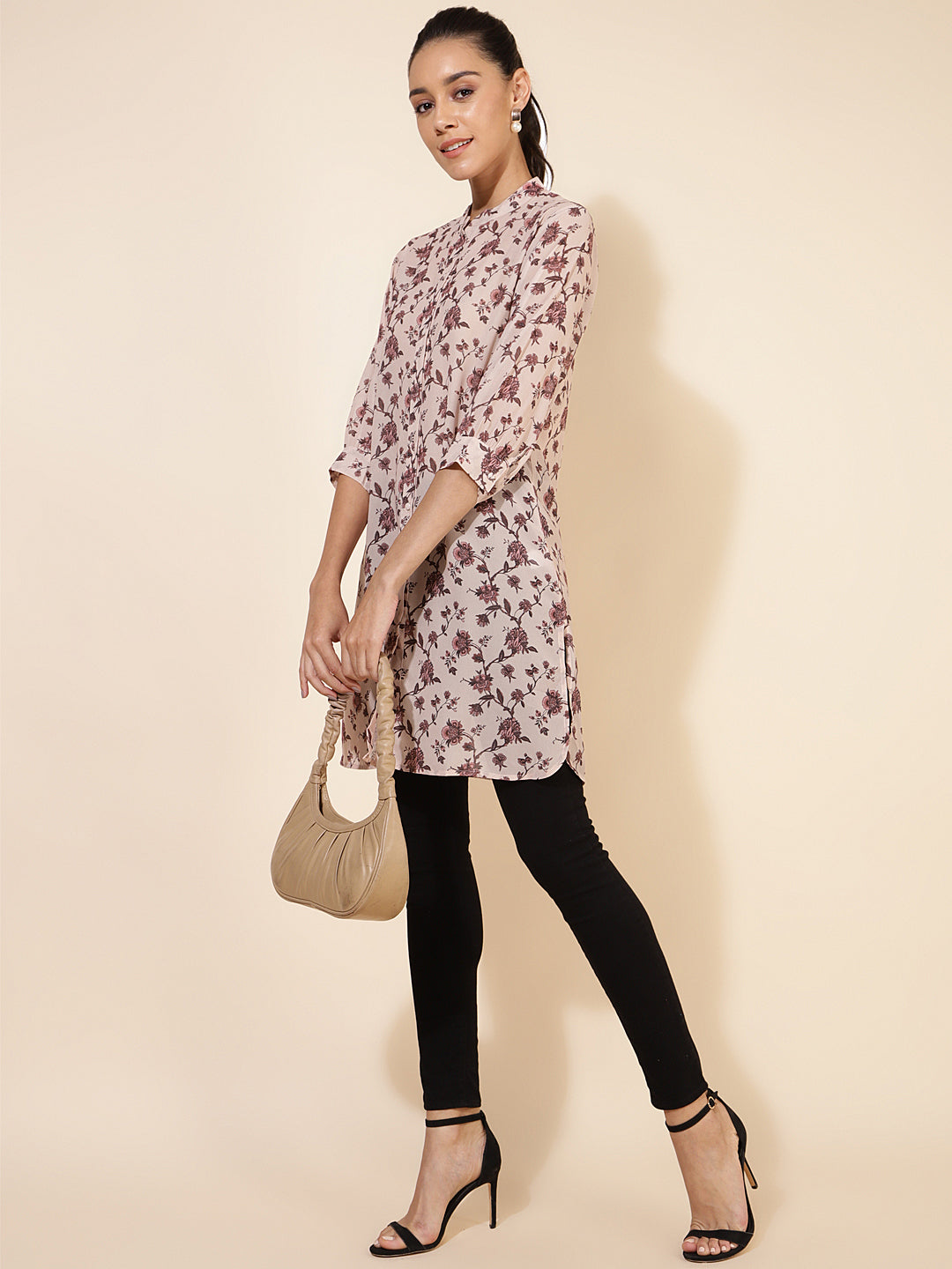 Janasya Women's Beige Georgette Floral Printed Casual Tunic