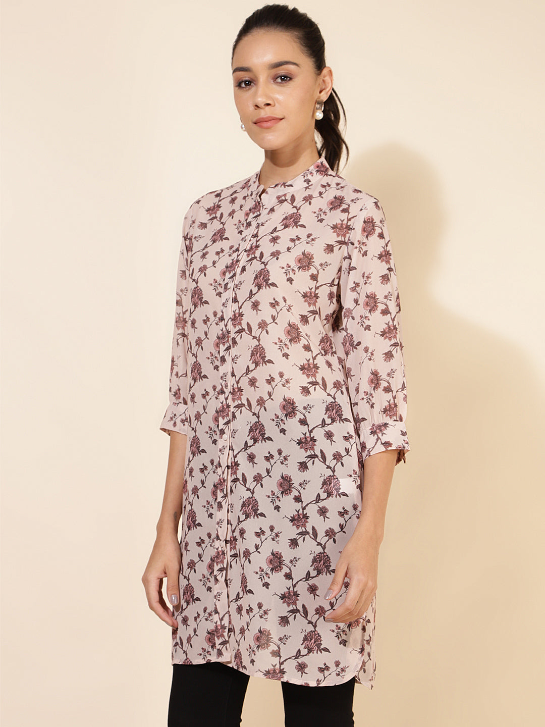 Janasya Women's Beige Georgette Floral Printed Casual Tunic