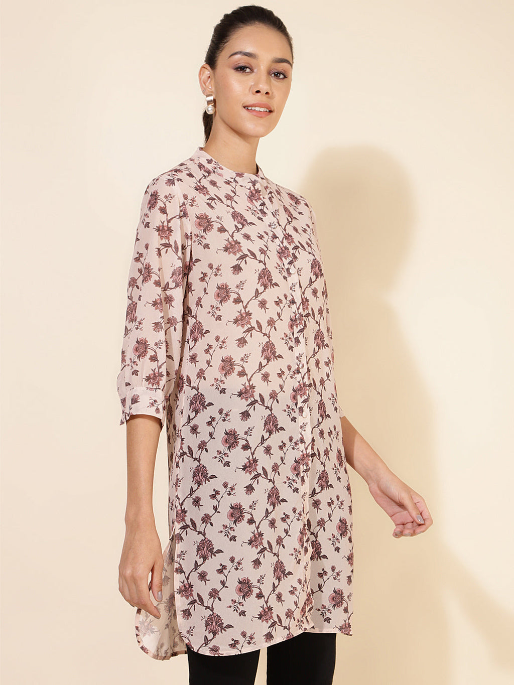Janasya Women's Beige Georgette Floral Printed Casual Tunic