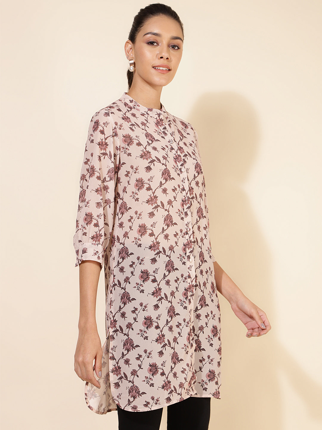 Janasya Women's Beige Georgette Floral Printed Casual Tunic
