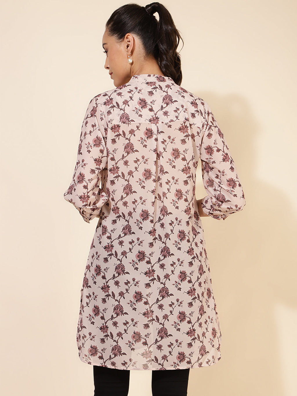 Janasya Women's Beige Georgette Floral Printed Casual Tunic