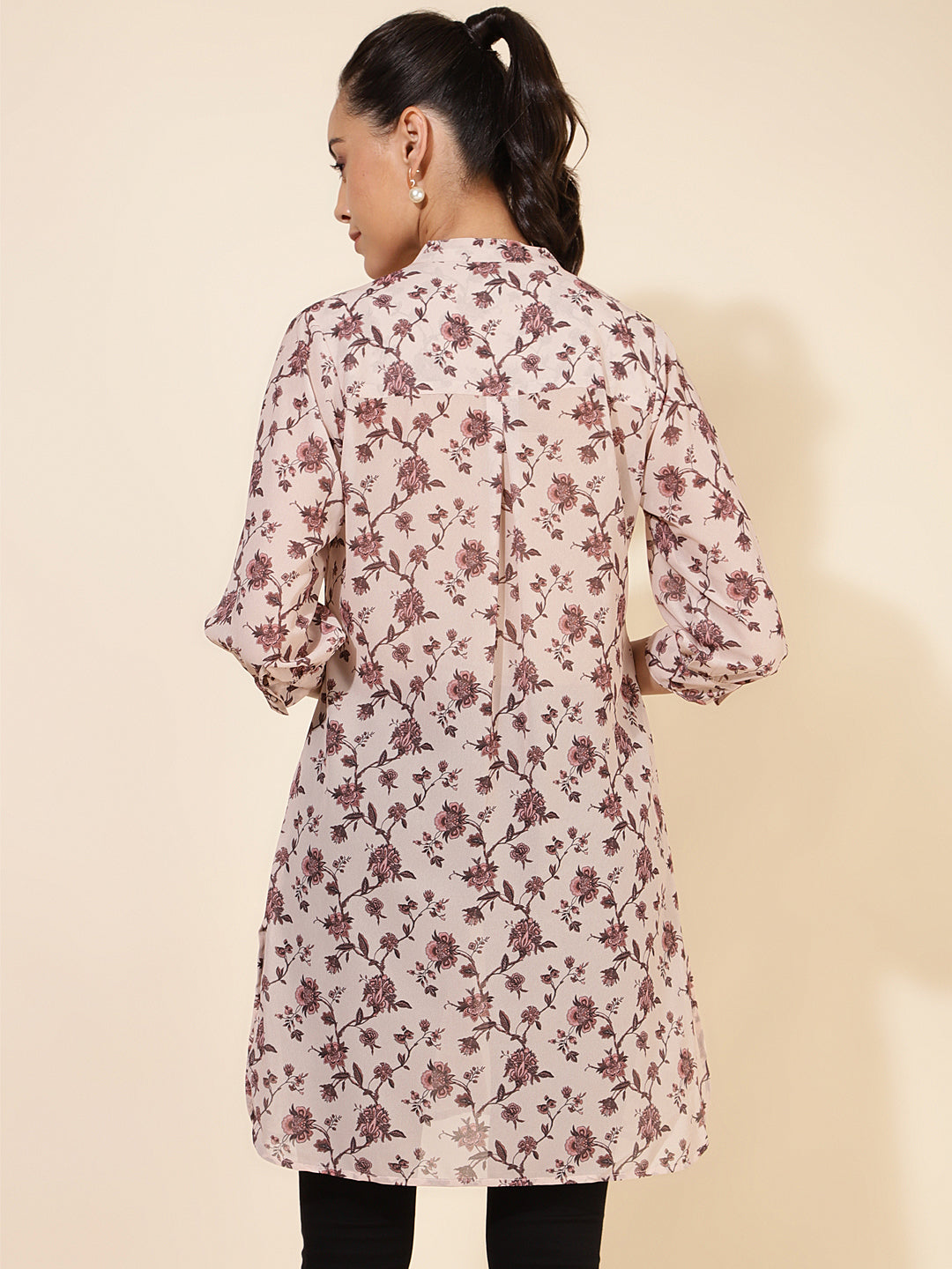 Janasya Women's Beige Georgette Floral Printed Casual Tunic