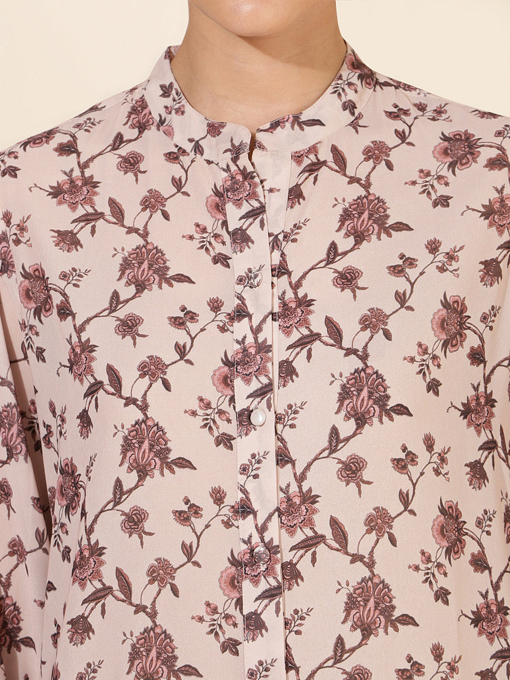Janasya Women's Beige Georgette Floral Printed Casual Tunic