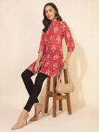 Janasya Women's Red Georgette Floral Printed Casual Tunic