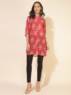 Janasya Women's Red Georgette Floral Printed Casual Tunic