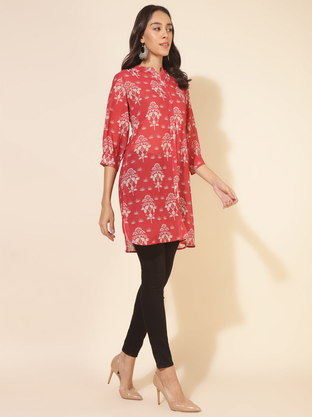 Janasya Women's Red Georgette Floral Printed Casual Tunic