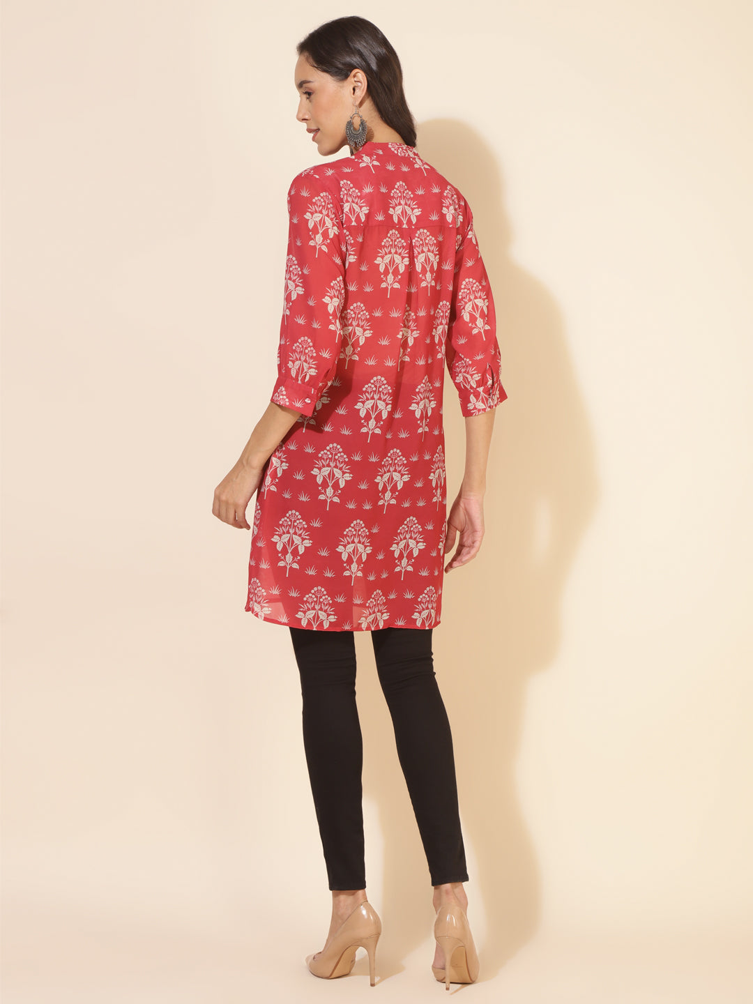 Janasya Women's Red Georgette Floral Printed Casual Tunic