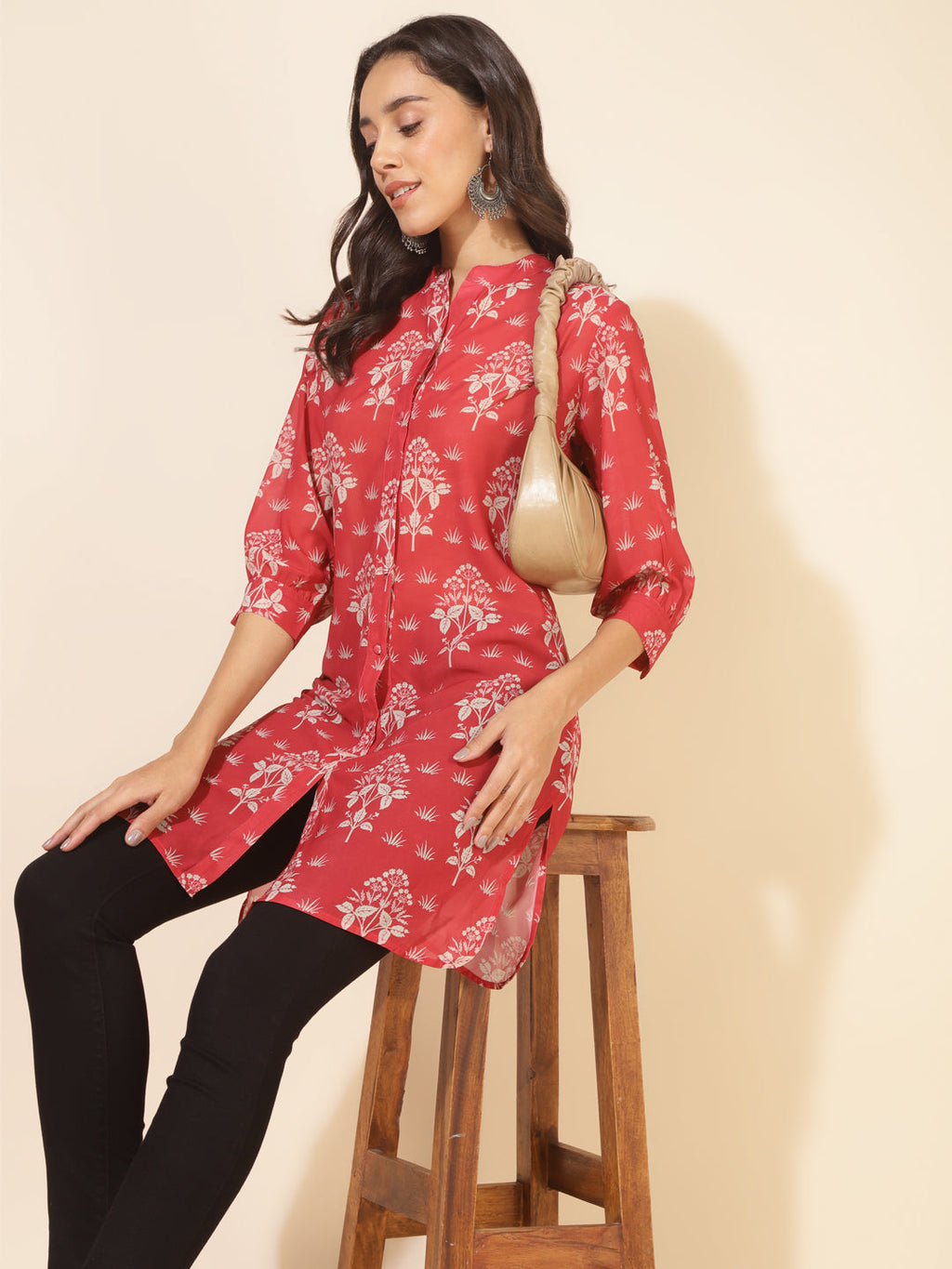 Janasya Women's Red Georgette Floral Printed Casual Tunic