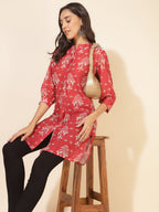 Janasya Women's Red Georgette Floral Printed Casual Tunic