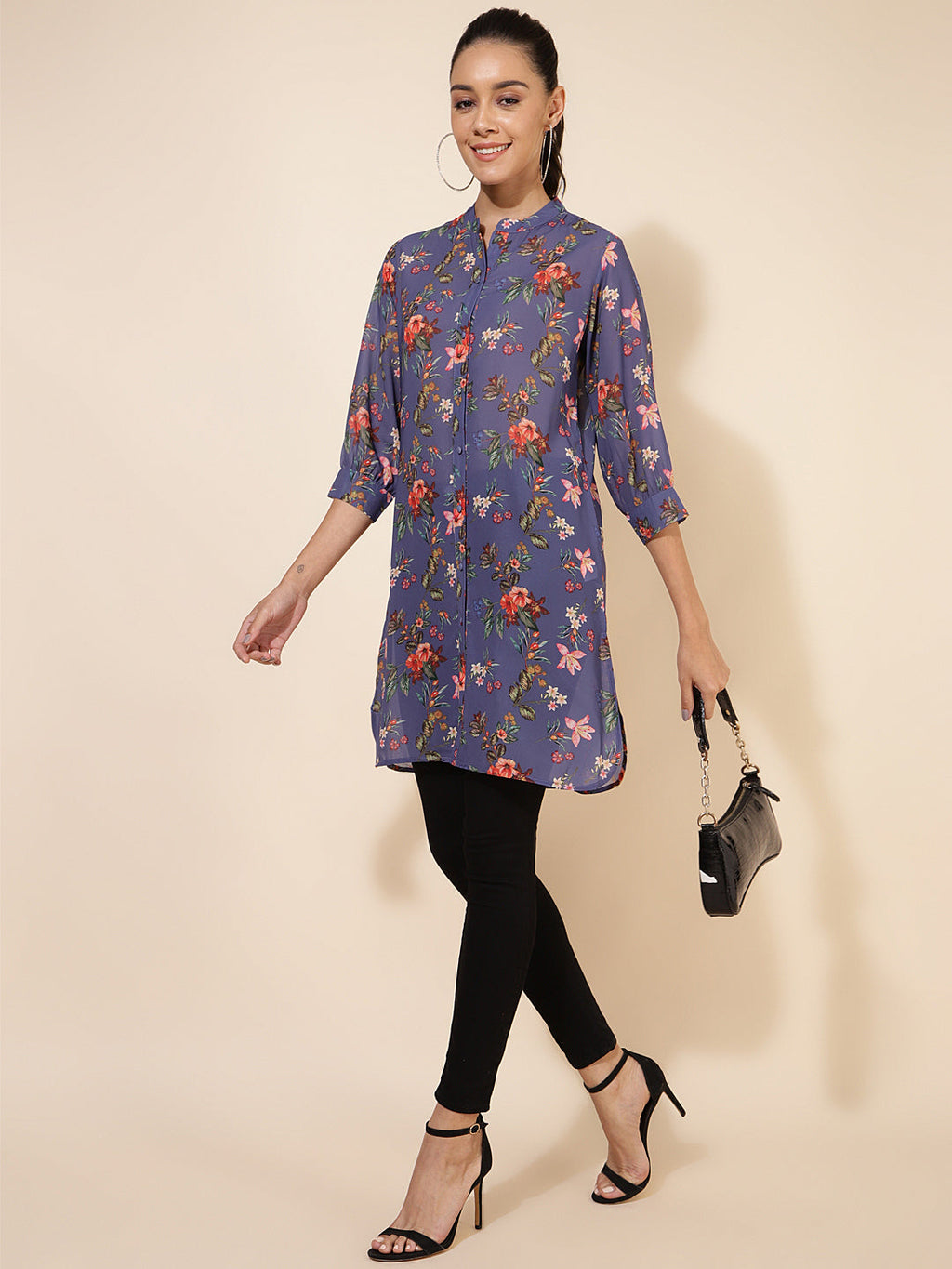 Janasya Women's Violet Georgette Floral Printed Casual Tunic