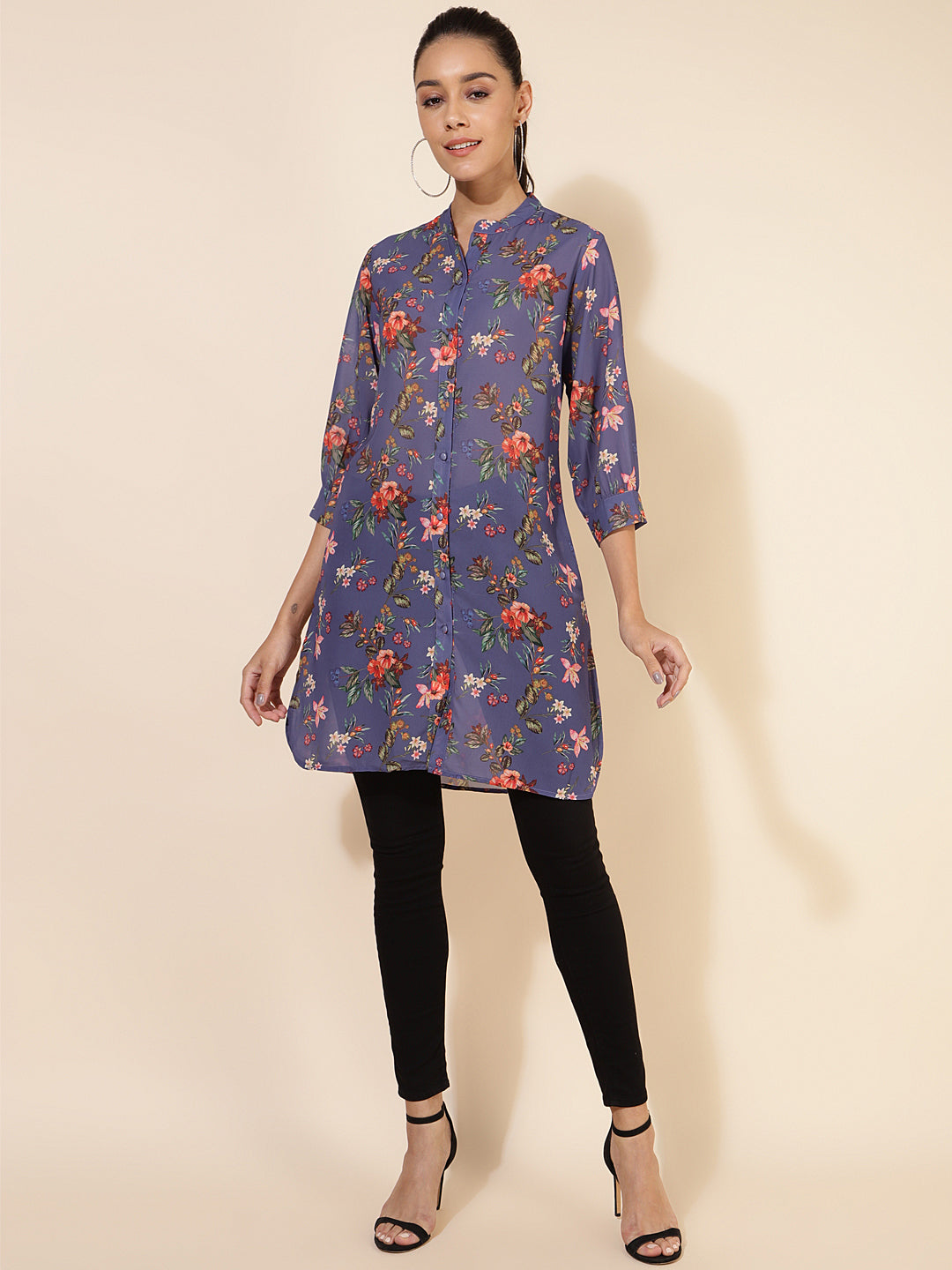 Janasya Women's Violet Georgette Floral Printed Casual Tunic