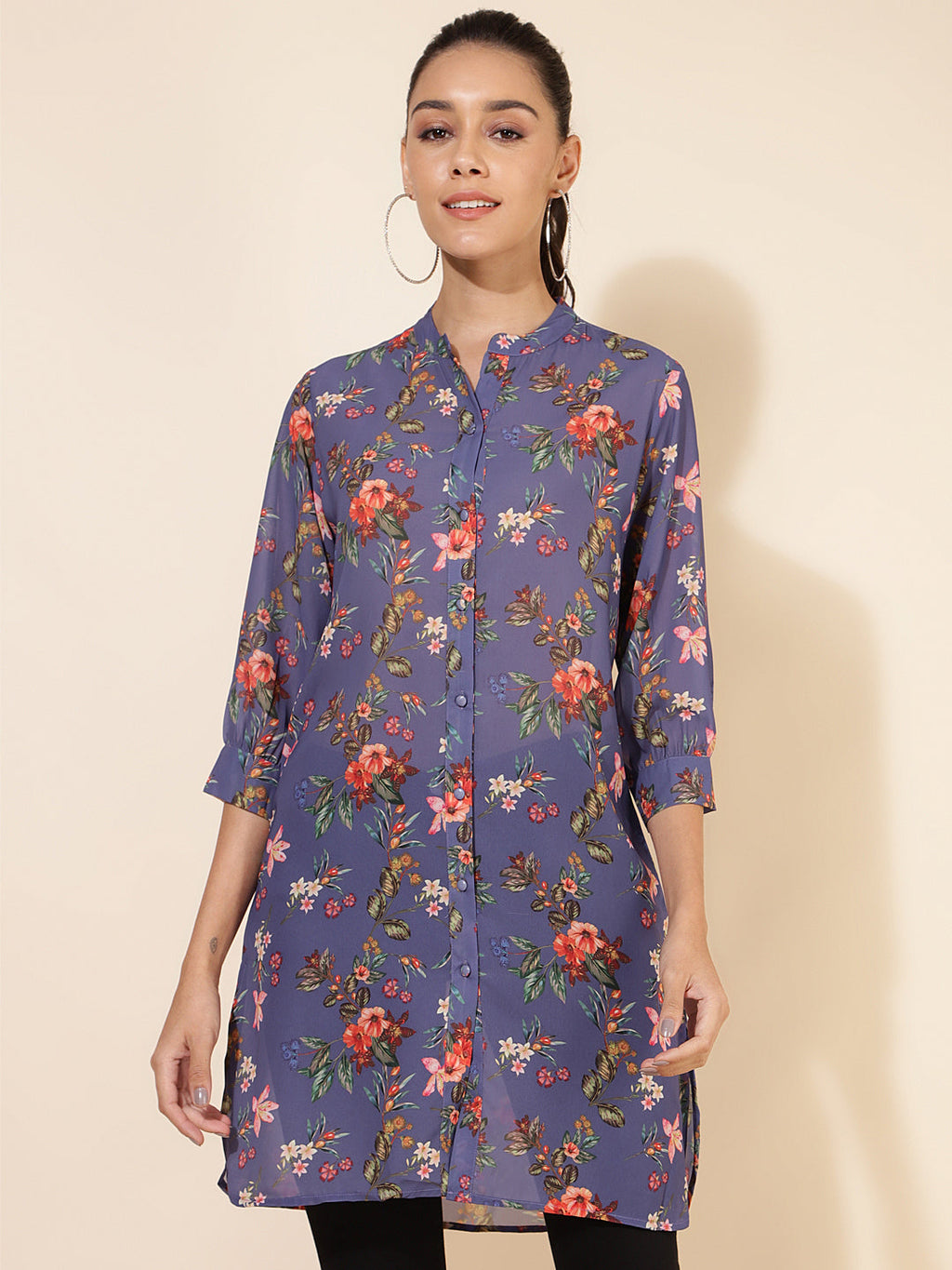 Janasya Women's Violet Georgette Floral Printed Casual Tunic