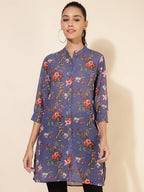Janasya Women's Violet Georgette Floral Printed Casual Tunic