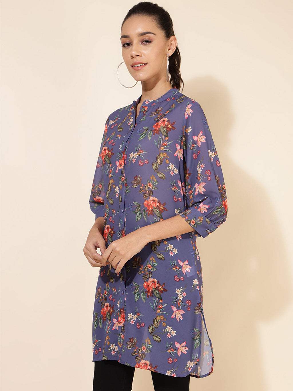 Janasya Women's Violet Georgette Floral Printed Casual Tunic
