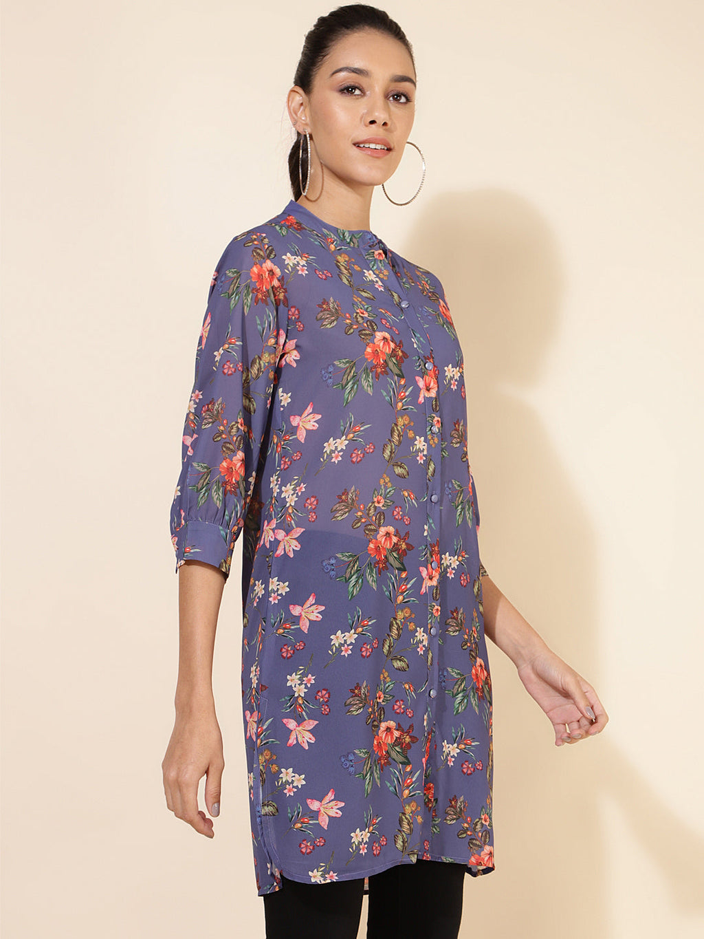 Janasya Women's Violet Georgette Floral Printed Casual Tunic