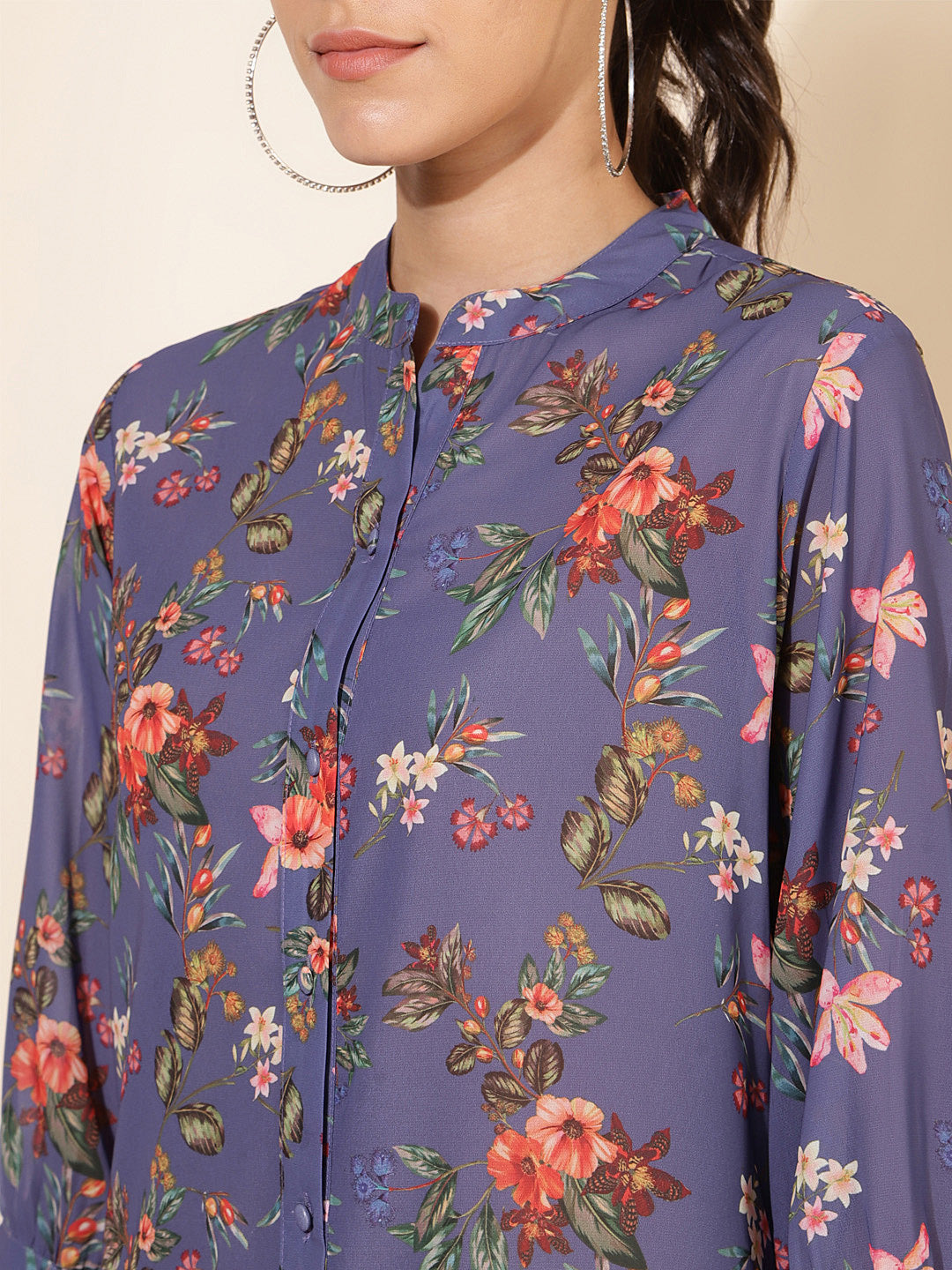 Janasya Women's Violet Georgette Floral Printed Casual Tunic