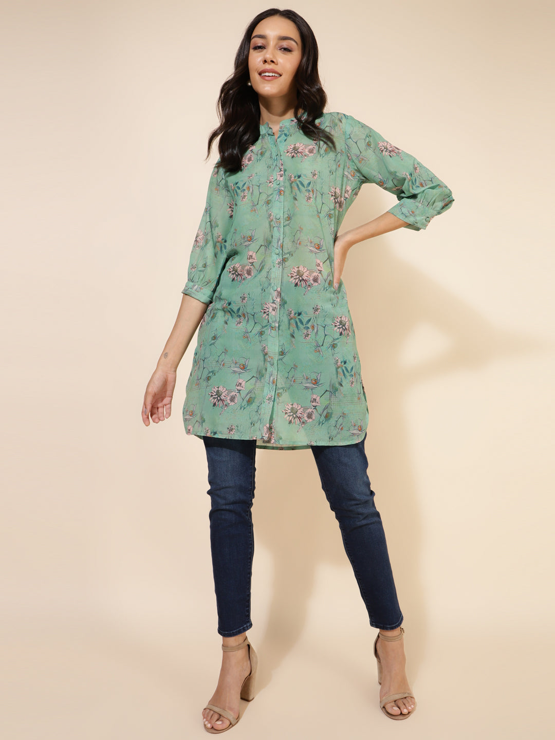 Janasya Women's Light Green Georgette Floral Printed Casual Tunic