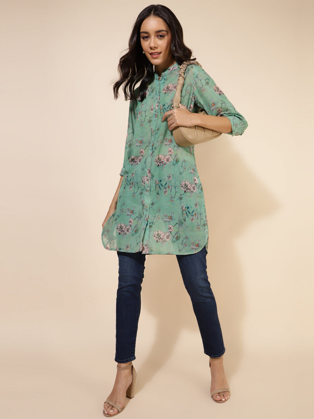 Janasya Women's Light Green Georgette Floral Printed Casual Tunic