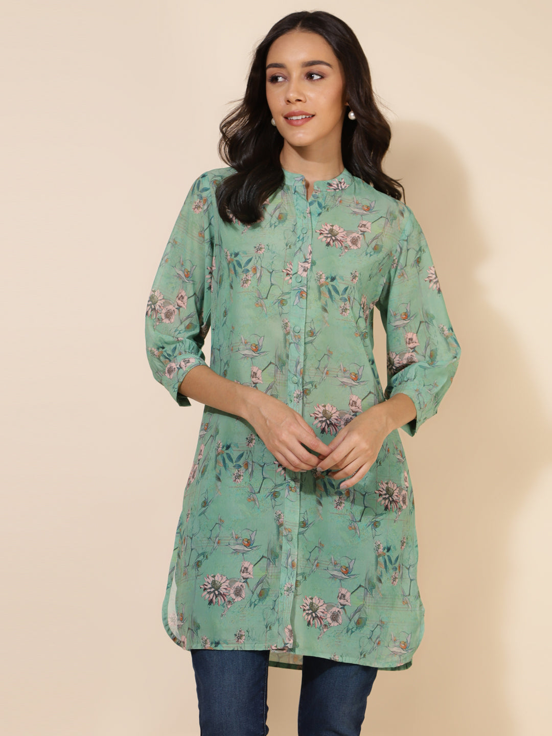 Janasya Women's Light Green Georgette Floral Printed Casual Tunic