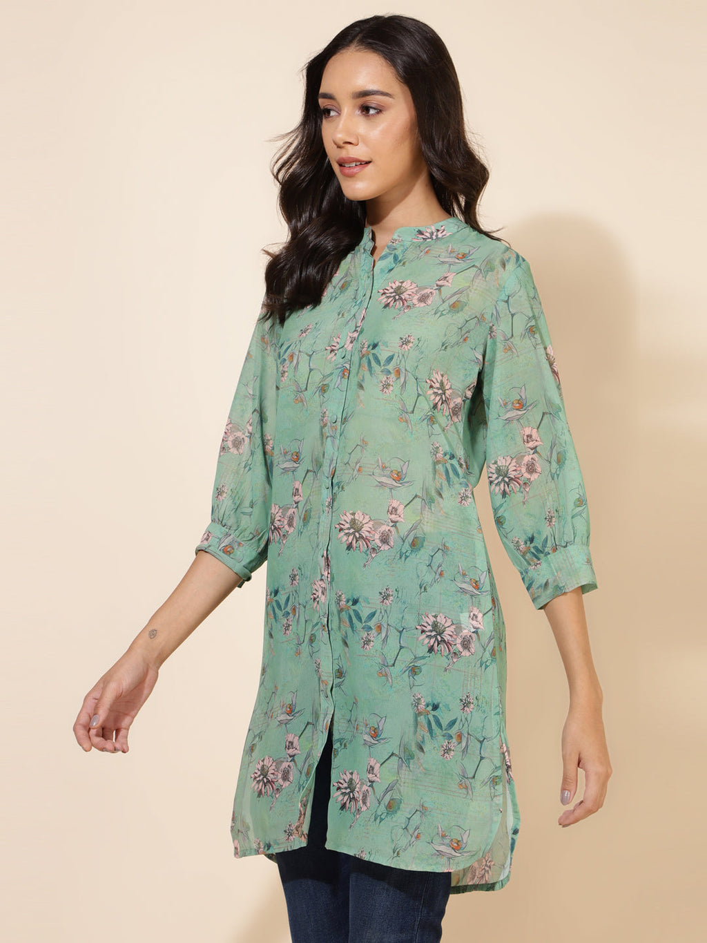 Janasya Women's Light Green Georgette Floral Printed Casual Tunic