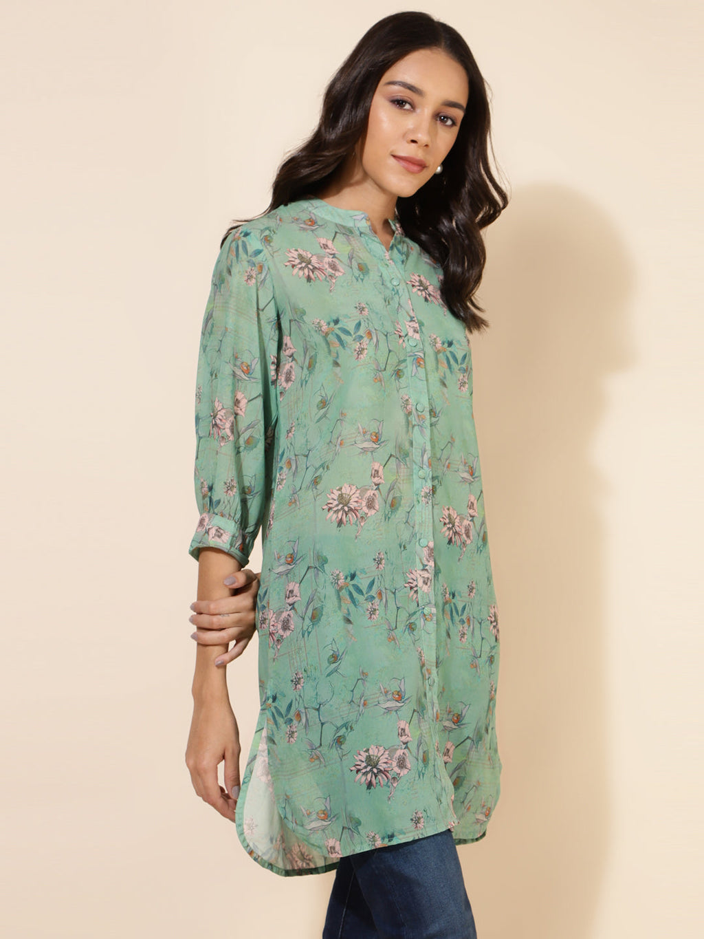 Janasya Women's Light Green Georgette Floral Printed Casual Tunic