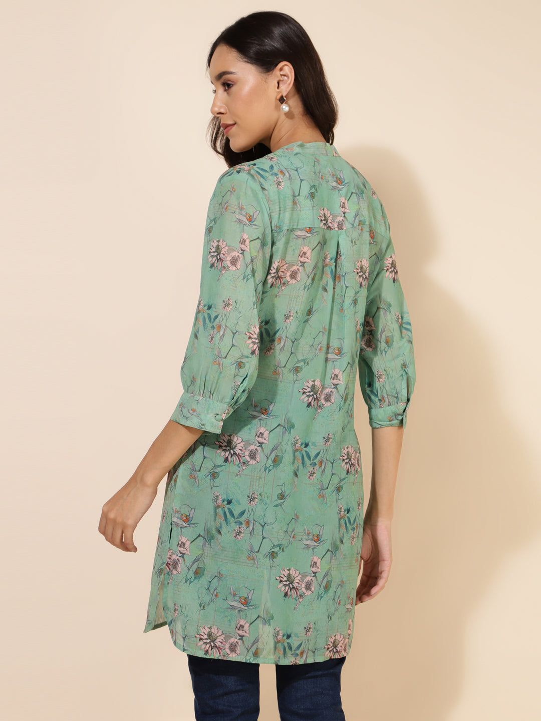 Janasya Women's Light Green Georgette Floral Printed Casual Tunic