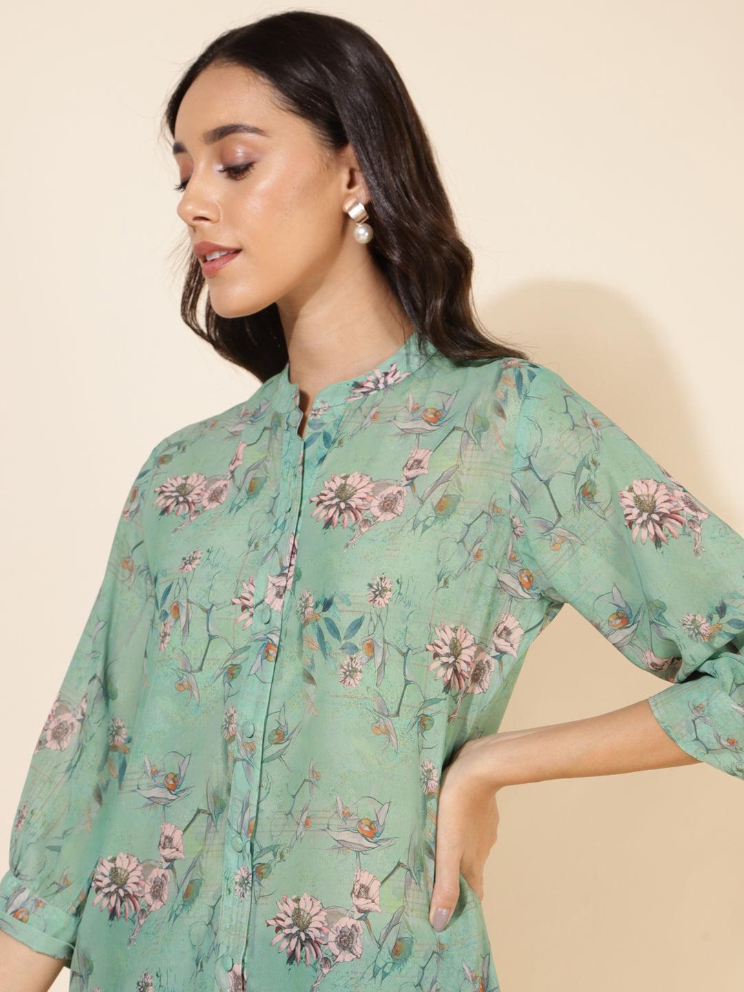 Janasya Women's Light Green Georgette Floral Printed Casual Tunic