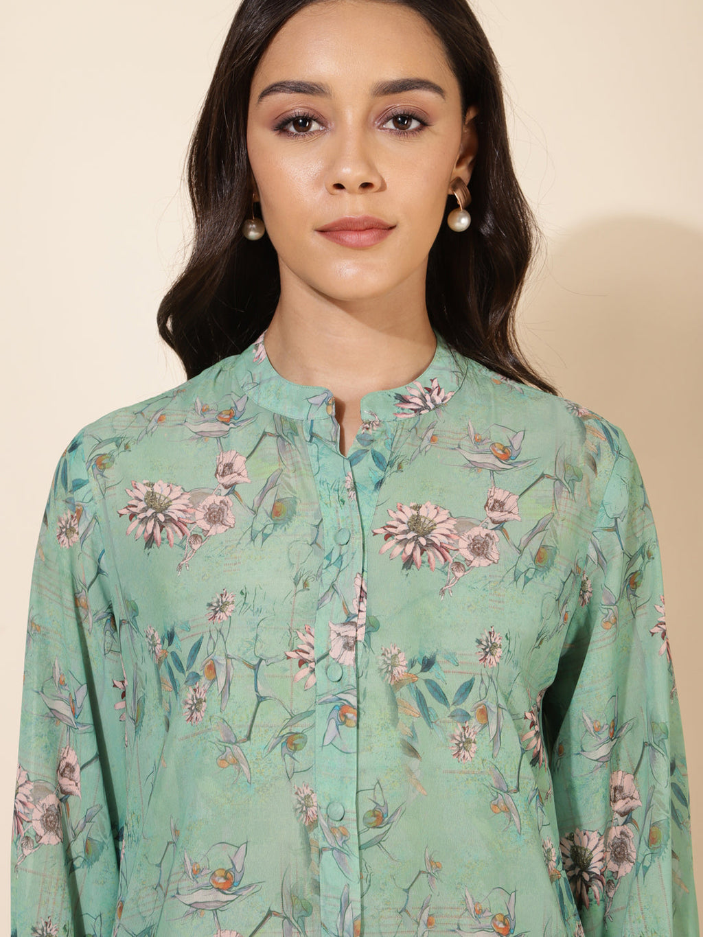 Janasya Women's Light Green Georgette Floral Printed Casual Tunic
